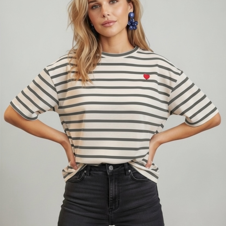 Stripe tee heart grey